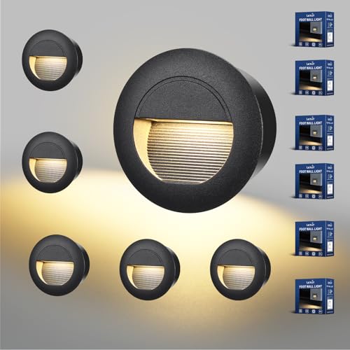 Letlit 6 Stück Treppenbeleuchtung 5W 500lm, COB LED Treppenstufenbeleuchtung 230V 3000K, 85x85mm, IP65 Wandeinbauleuchte Rund Treppenlicht für Treppen Wand, Unterputzdosen 68mm, Aluminium Schwarz