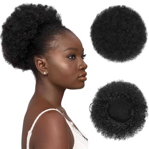 Afro Puff Drawingtail Ponytail, pan de rizado de 8 pulgadas, cola de caballo de Afro Buff para mujeres negras, color de cabello negro y rizado negro.