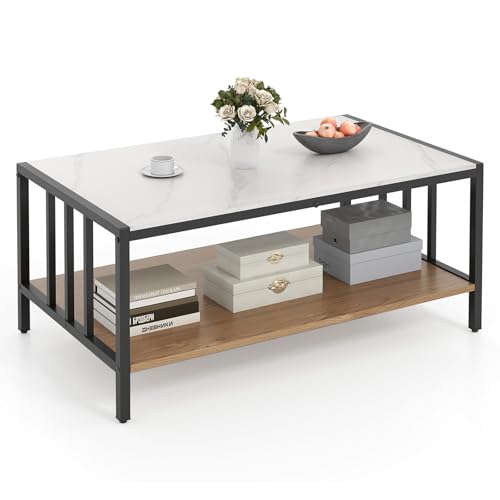 COSTWAY 2-Tier Coffee Table, Rectangular Faux Marble Cocktail Cen...