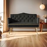 Small Velvet Loveseat Sofa with Gold Metal Legs,55-inch Modern Sofa Couch with 2 Side Pockets,Couch with Tufted Backrest for Living Room Bedroom Office (Black)