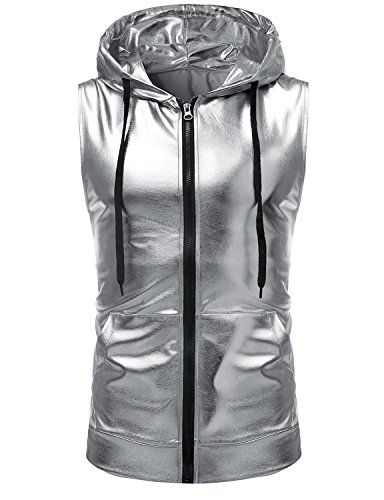 Image of ZEROYAA Mens 70s Metallic Sleeveless Hooded Vest T Shirt | Shiny, Disco, Sparkle, Party, Dance, NightClub, Halloween, Cosplay, Hipster, Kangaroo Pocket, Zip Up