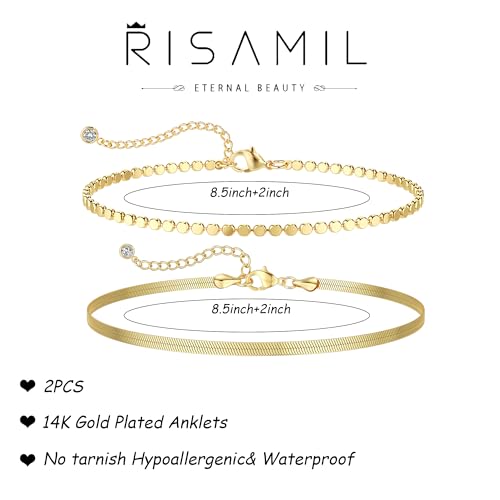 Image of Risamil 14K Gold Plated Ankle Bracelets for Women, Anklets for Women Waterproof Layered Ankle Bracelets for Women Teen Girl Herringbone Anklet Set Summer Foot Jewelry Gifts