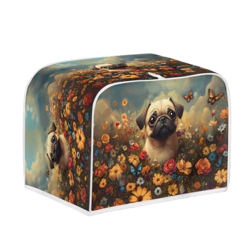 Image of Talayituse Pug Dog Butterfly Rose Print Toaster Cover 4 Slice Wide Slot, Lightweight Bread Maker Cover Dust Protection Washable Appliance Bag, M