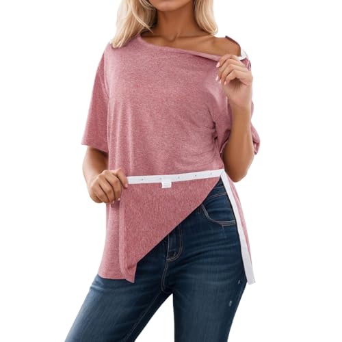 Caxndycing Camiseta de cirugía con hombros descubiertos, camiseta de manga corta para mujer, con quimioterapia, ropa para después de operaciones de hombro, camisas de rehabilitación, quimio, manguito