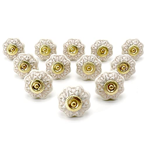 Auped Keramik chublade Knöpfe Schrank Griffe , Küchenschrank Möbelknöpfe, Schranktisch Griff 12 Stück (Weiß mit Zeichnung (42mm)) Cover