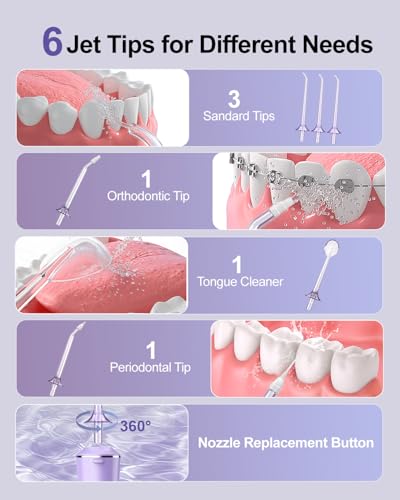 Munddusche Kabellos Elektrischer Zahnreiniger, Sejoy Zahndusche Water Flosser 5 Modi & 6 Düsen USB-C Wiederaufladbare Wasser Flosser IPX7 Wasserdicht, 280ML Wassertank Mund Reiniger (Lila) – Bild 5