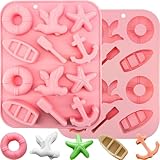 Nautical Silicone Mold, 2Pcs Marine Beach Theme Chocolate Molds Seashell Starfish Anchor Boat Shape Candy Chocolate Mold Baking Mold Jello Ice Cube Candle Mold for Party Cupcake Cake Decoration