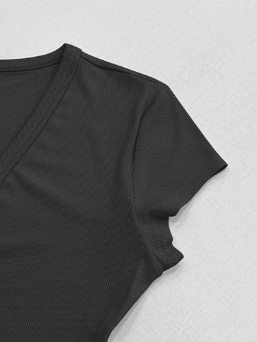 Image of Albe Rita Women Short Sleeve T-Shirt Cap V Neck Shirts for Women Ribbed Casual Top Knit Slim Fit for Summer