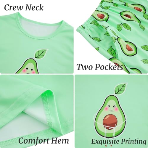 Fanient Mädchen Schlafanzüge Grüne Avocado Drucken Pyjama Dreiteiliger Pyjama Sets Kinder Kurzarm Nightwear Set 9-10 Jahre