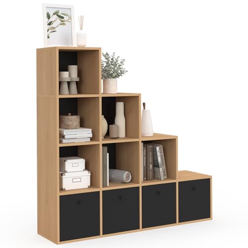 IDMarket - Meuble de Rangement en escalier LORYS 4 Niveaux Bois et Noir avec 4 tiroirs en Tissu