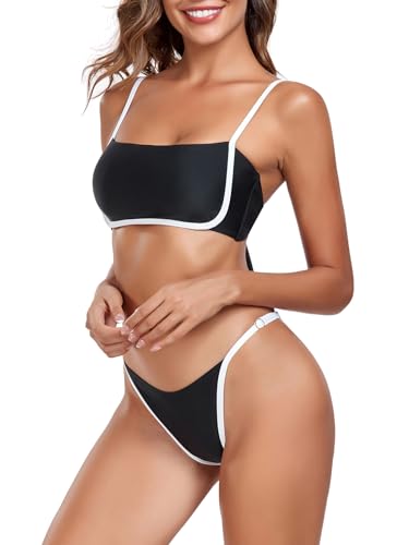 RELLECIGA Women Bandeau Bikini Set Adjustable Splicing Color High Cut Two Piece Bathing Suits3