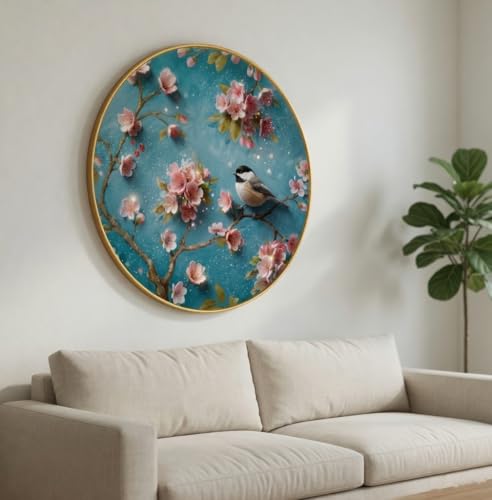 Image of SAF Bird and Blossom Wall Painting with Golden PVC Frame Round Floral Nature Art Modern Decorative Wall Decor for Living Room Bedroom Office Home Elegant Gift Item (20 x 20 Inch) GRL-359