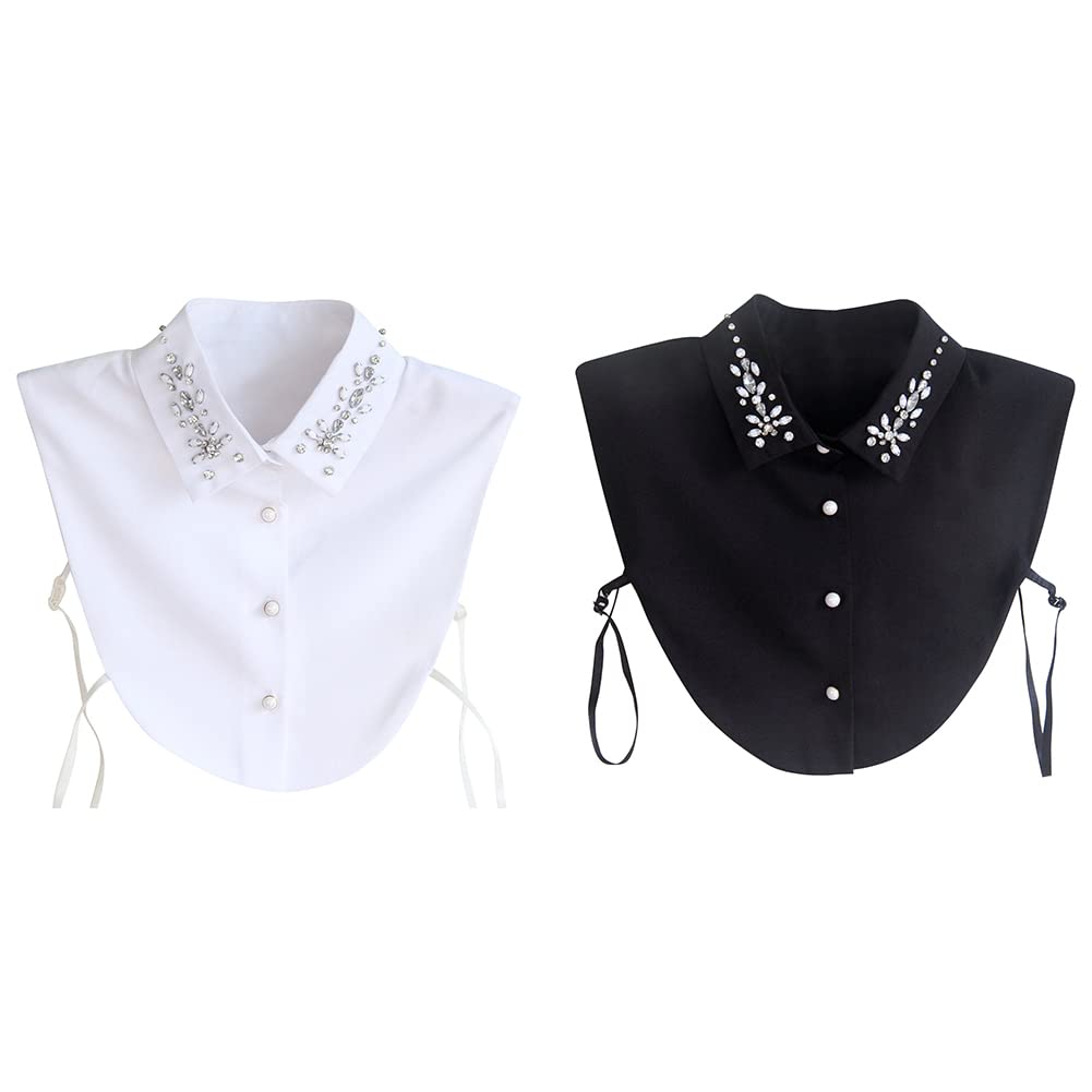 Faux Col Amovible En Mousseline De Soie Avec Diamant - Pour Robe, Pull, Chemisier Sans Col, Blanc Ou Noir, Taille ~20x15 Cm