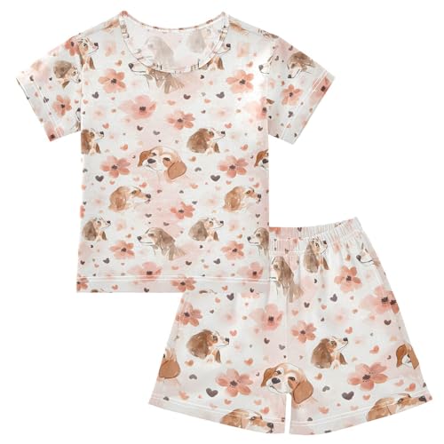 ALAZA Watercolor Spaniel Dog Flower Floral Pajamas Set Short Sleeve Cotton Sleepwear Summer Pjs 2 Piece 5-14Y