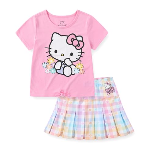 Hello Kitty Sanrio Girls Short Sleeve T-Shirt and Pleated Skirt for Big Kids