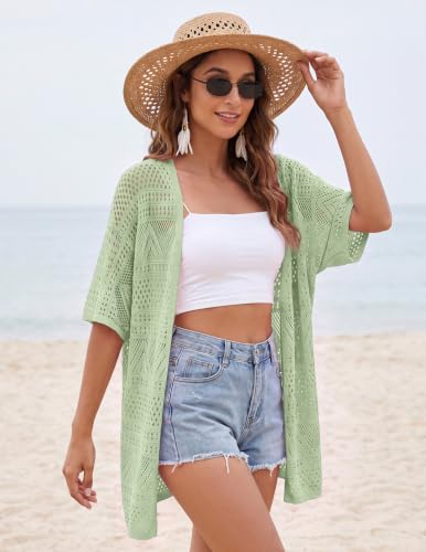 Image of GRACE KARIN Women Lightweight Summer Cardigan Crochet Knit Kimono Sweaters | Lightweight Crochet Knit Fabric, Short-sleeve Open-front Oversized Kimono, Ideal Casual Outerwear for Summer Daily Wear