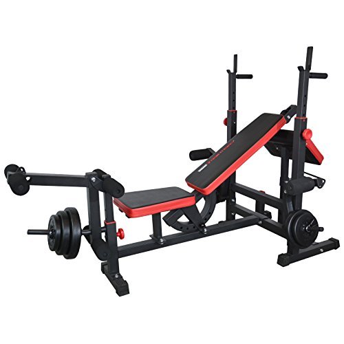Train Hard Multifunktion Hantelbank Kraftstation inkl. Latzug, Bauchtrainer, Armcurl und Beincurl mit Hantelset aus Langhantel, Curlhantel und Stange Gewichten 50kg bis 160kg