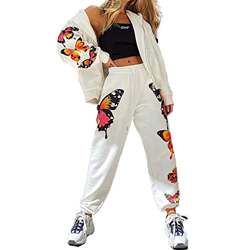 Women Jogger Outfit Matching Zip Up Hooded Butterfly Sweatshirt and Drawstring Sweatpants Sports Sets Tracksuit White