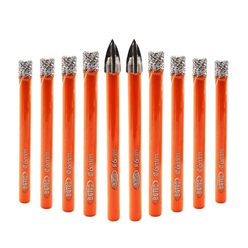 BGTEC Dry Diamond Drill Bits Set - 8pcs 6mm Tile Drill Bits and 2pcs 6mm Carbide Drill for Granite Marble Porcelain Ceramic