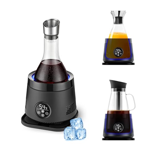 Electric Wine Chiller Set with Aerator, 50oz Glass Carafe & Cold Brew Pitcher, All-in-One Beverage Center for Red Wine, Iced Coffee, Juice, 24H Cooling