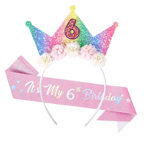 Dmnnlp 6th Birthday Decorations for Girls, Headband & Glitter Sash, Flower Princess Crown Hairband, Birthday Gift for 6 Year Old Girls