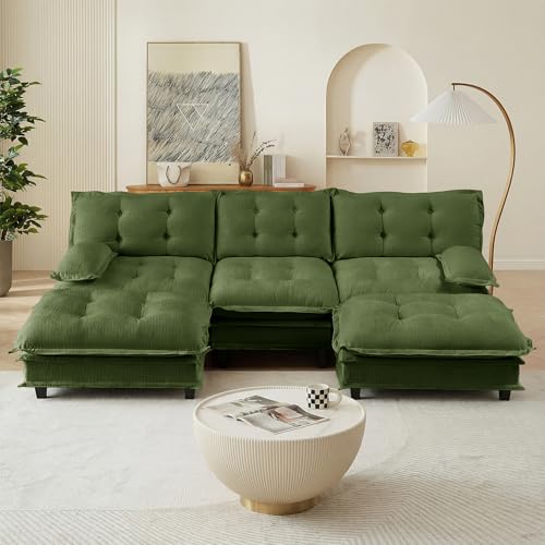 Image of 108 inch Sectional Sleeper Sofa with Ottoman, U Shaped Modular Deep Seat Couches for Living Room Apartment, Flexible Module Combination Cloud Sofa with Spring Support, Easy Assembly, Dark Green