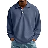 Generisch Waffle piqué - Polo monocolor con cuello de botones, camiseta de ocio suave, informal, camiseta de manga larga, para el día a día, camiseta de manga larga, transpirable, elástica, ropa de