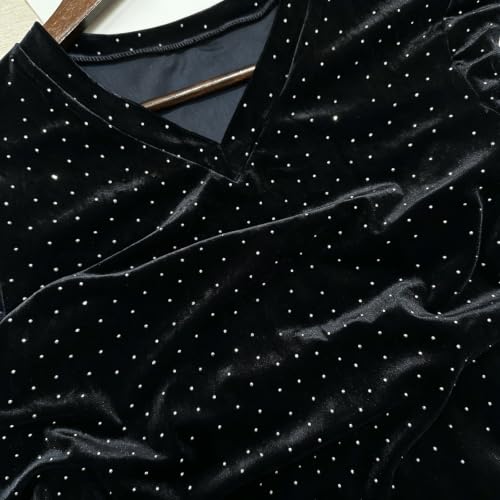 Women Velvet V Neck 3/4 Sleeve Sparkle Dot Tunic Top Soft Stretch Shiny Rhinestone Blouse, Dressy Casual Shirt for Holiday Night Out Event Black - image 6