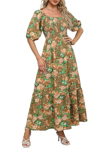 Image of Lyrur Summer Boho Smocked Maxi Dresses for Women Casual Puff Sleeve Square Neck A Line Tiered Ruffle Ankle Length Dress