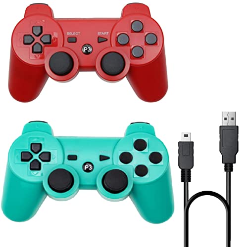 RUEIURI P-S3 Controller 2 Pack PS-3 Wireless controller P3 Controller Wireless Bluetooth Gamepad with USB Charger Cable for PS-3 Console (Red+Green)