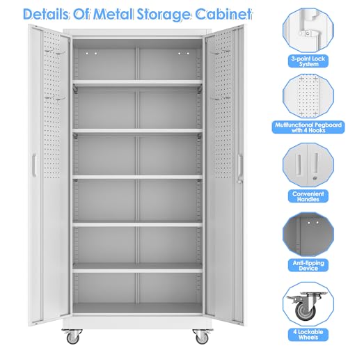 Image of White Metal Garage Storage Cabinet with Wheels and Pegboard, 71 in. | Lockable steel cabinet with dual-door pegboard, 4 hooks, 5 adjustable shelves and detachable casters; assembly required.