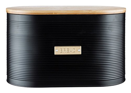 Typhoon Retro Sleek Design Embossed Stripe Stainless Steel Tea Coffee Sugar Cookie Bread Bin Storage Jar Canister Wooden Bamboo Lid Otto Black (Bread Bin)