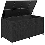 Outsunny 650L Extra Large Garden Storage Box with 2 Wheels, Rattan Deck Box with Waterproof Zipped Liner, Safe Pneumatic Rods, Patio Rattan Storage Container for Backyard Gardening Tools, Black