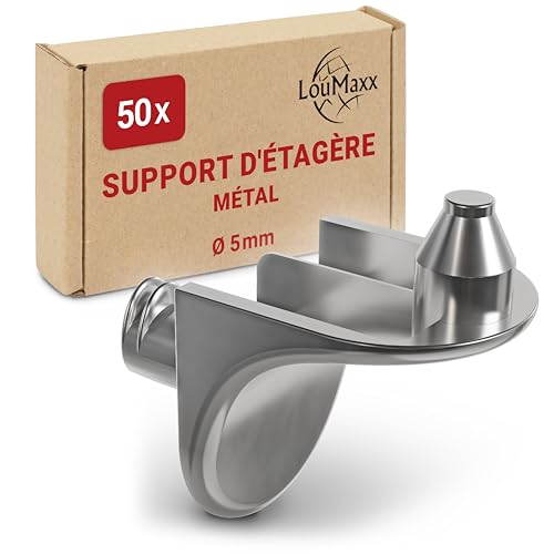 LouMaxx taquet etagere 5mm avec double téton – Lot de 50 taquets pour étagères – support etagere meuble en zamak nickelé, fixation stable pour armoires et étagères
