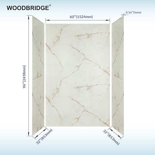 Image of Woodbridge 60 inch W x 96 inch H 3-Piece Solid Surface Tile Tub and Shower Wall Panel Surround Kit in Beige Marble with Soft Brown Veining, Quick Install and Trimmable, 3 /16 inch (5mm) Thick