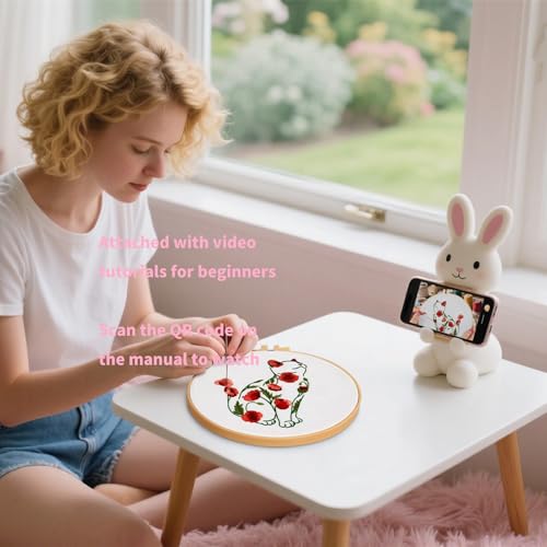 Image of Crafmanoe Cat Embroidery Kits for Beginners Adults, Flowers Embroidery Starter Kits, Counted Cross Stitch Kits for Beginners Adults Hobbies Set for Women, Embroidery Hoops, Thread and Video Tutorial