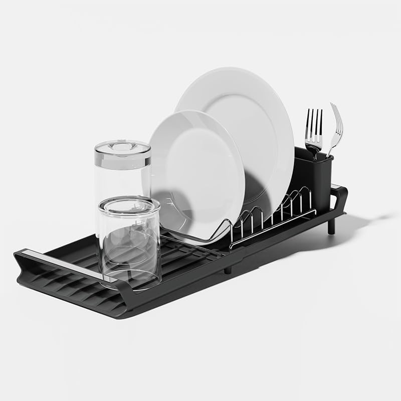 Miniatura 4 de Escurridor de platos expandible pequeño con soporte extraíble para cubiertos antideslizante, escurridor compacto para fregadero de cocina y mostrador