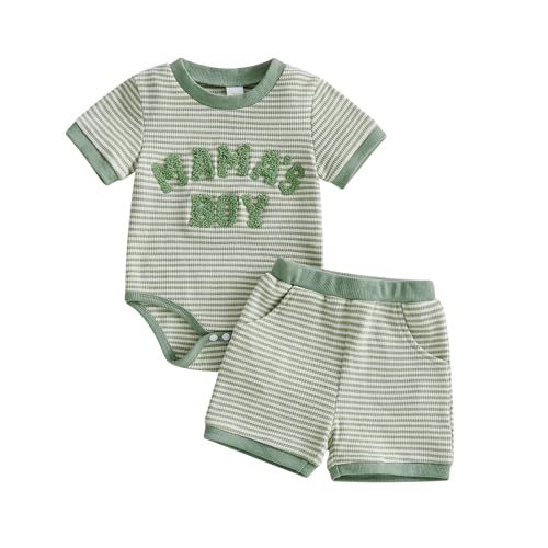 Carolilly Infant Boys Outfits Striped Letter Embroidery Short Sleeve Romper + Shorts 2Pcs Tracksuit Waffled Baby Boys Summer Clothes Set (Army Green, 3-6 Months)