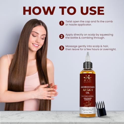 Image of AVD Organics Argan Oil for Hair 120ml - 100% Pure & Natural Moroccan Argan Oil for Adult Hydration, Nourishing, Strengthening, Curly, Frizzy, Dry, Damaged Hair,Face, Skin, Scalp & Nails - (4.05 fl oz)