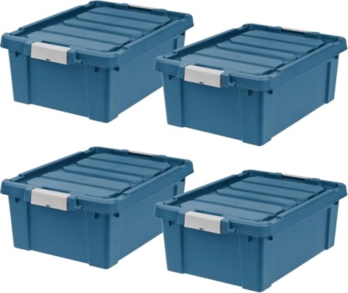 Image of IRIS USA 12 Gallon Eco-Friendly Lockable Storage Bins with Lids, 4 Pack - Made in USA, Heavy Duty, Stackable Containers, Garage Organizing Bins Moving Tubs, Rugged Sturdy Equipment Utility Box - Navy