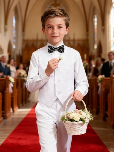 Image of Boys Formal Suit Vest and Pants Set 6 Pieces Suits for Boy Wedding Ring Bearer Outfit for Kids Tuxedo