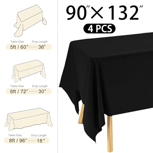 Image of 4 Pack Rectangle Tablecloth 90x132Inch Black Washable Polyester Table Cover for Wedding Dining Table Buffet Parties Banquet Decoration(Black)