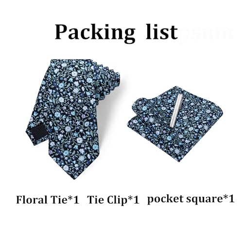 Image of YourTies Cotton Floral Tie for Men 2.5 inch Printed Skinny Necktie Pocket Square Tie Clip Set Flower Wedding Party Groom