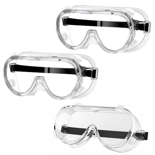 Onlvmyur 3 Pcs Safety Glasses Work Transparent Safety Glasses Adults Anti-Fog Dustproof Full Vision Safety Glasses for Glasses Wearers Laboratory