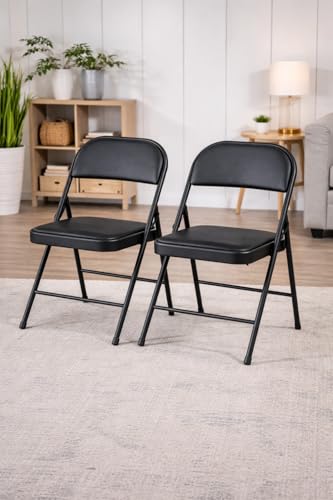 Image of MLU Set of 2 Folding Chairs with Padded Seat & Backrest, Heavy-Duty Steel Frame, Portable & Compact Foldable Chairs, Waterproof Vinyl Cushion, No Assembly Required, Black