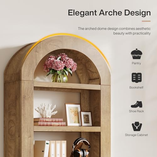 Image of Tribesigns 70.9'' Tall Arched Bookshelf with Storage, 5-Tier Wooden Open Bookcase Display Shelves Organizer for Living Room, Bedroom, Library, or Office, Natural, 2PC