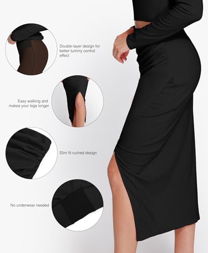Popilush Midi Skirt with Built in Shapewear Split High Waisted Bodycon A Line Skirts for Women Slit Slim Long Skirt3