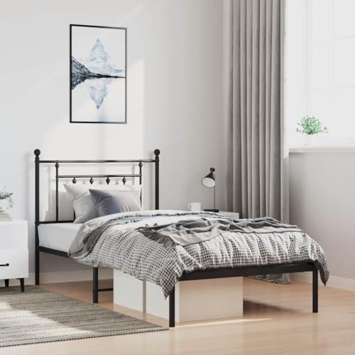 Frdhee Plataforma de cama con cabecero de metal negro 100 x 190 cm Plataforma de cama para colchón, dormitorio, fácil montaje