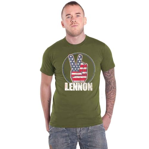 John Lennon T Shirt Peace Fingers Us Flag Logo Nouveau Officiel Unisex Vert - Les Beatles, Paul McCartney, John Lennon, RIngo Starr, George Harrison John Lennon T Shirt Peace Fingers Us Flag Logo Nouveau Officiel Unisex Vert