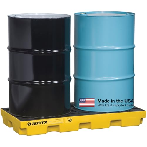 Justrite Low Profile 2 Drum Spill Containment Pallet Accumulation Center - 5.5" Tall - 24 Gal Capacity for 55 Gallon Drum Containment - Made in The USA from 30% Recycled Polyethylene - Yellow - 28654